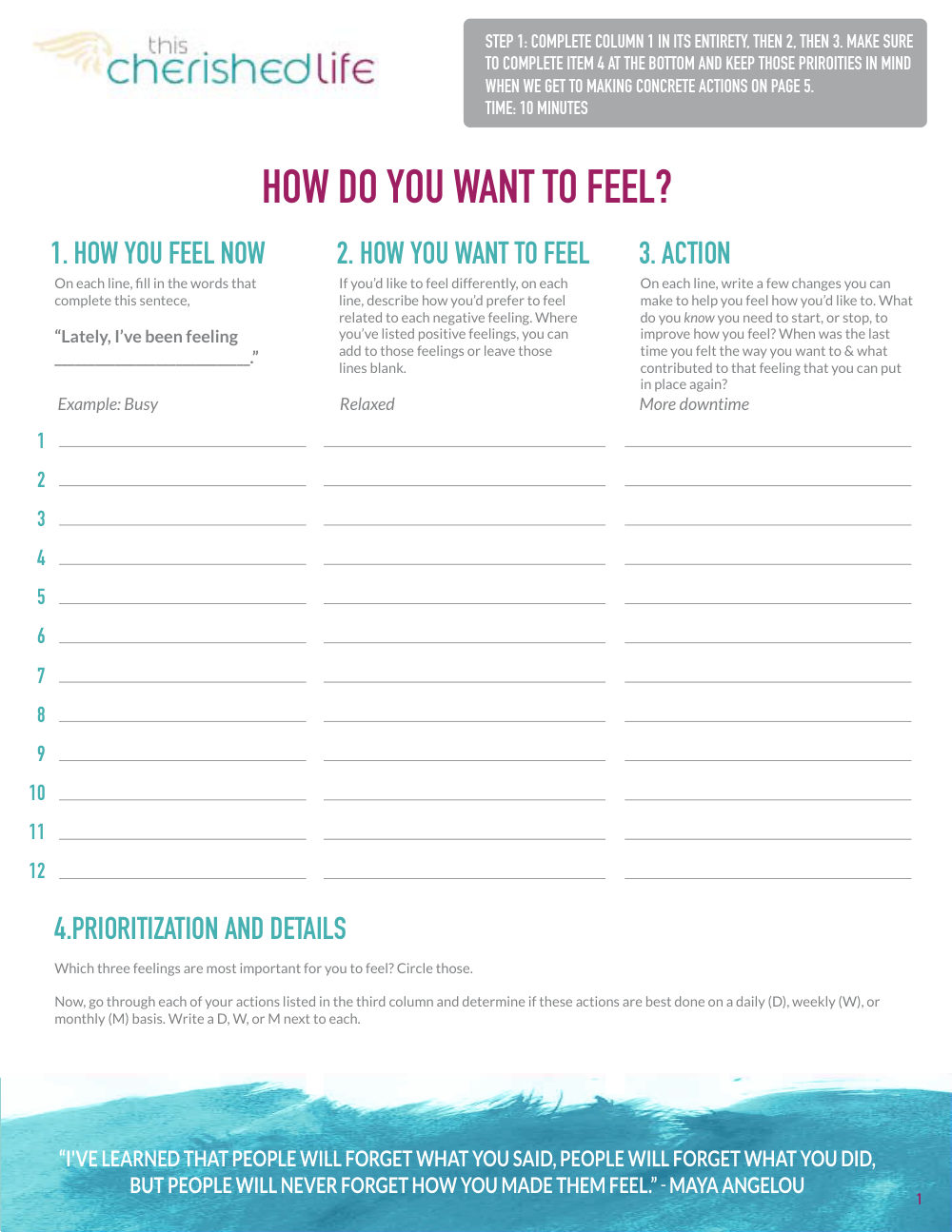 How do you want to feel worksheet page with three columns for feeling, want, and one change