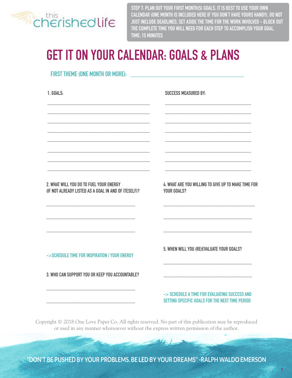First month calendar worksheet page for blocking time and support